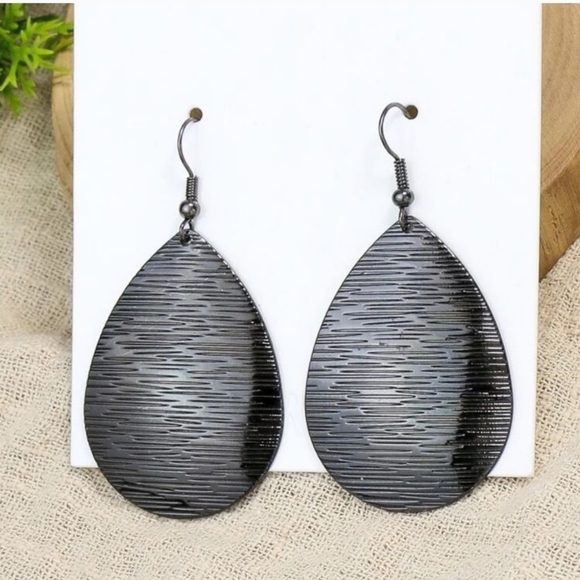 Gun Metal Textured Drop Hoop Earrings - Picture 1 of 4